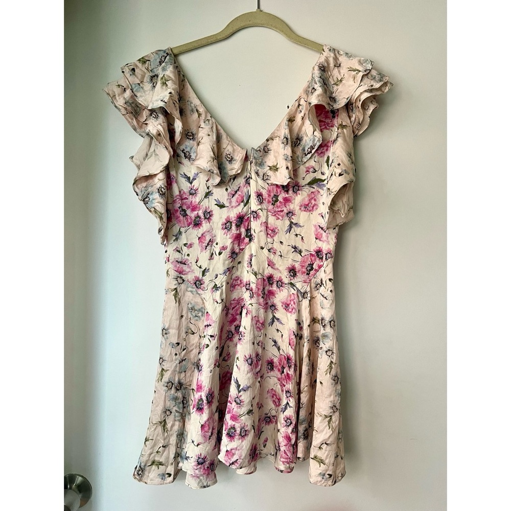 LoveShackFancy Pink and Blue Floral Ruffle Silk Dress
